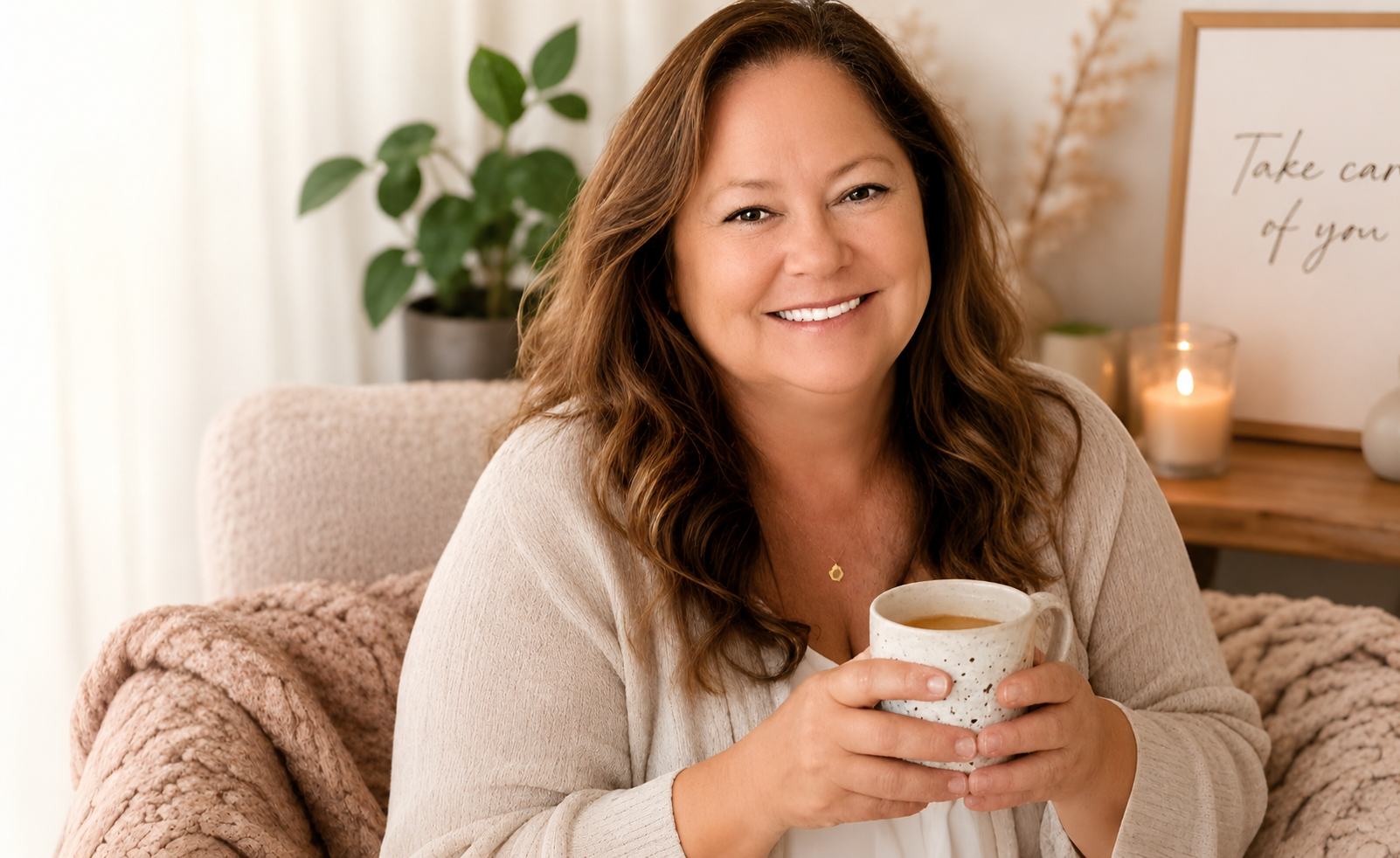 Woman enjoying a cozy self-care moment with a warm mug