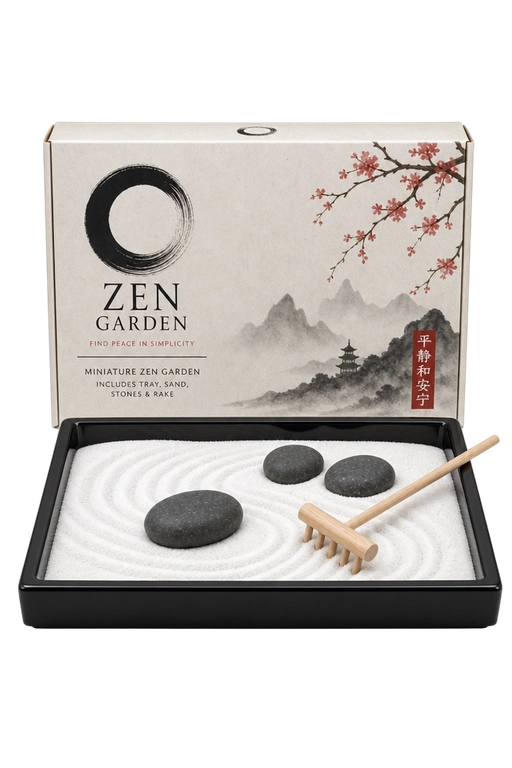 Miniature zen garden with sand and stones